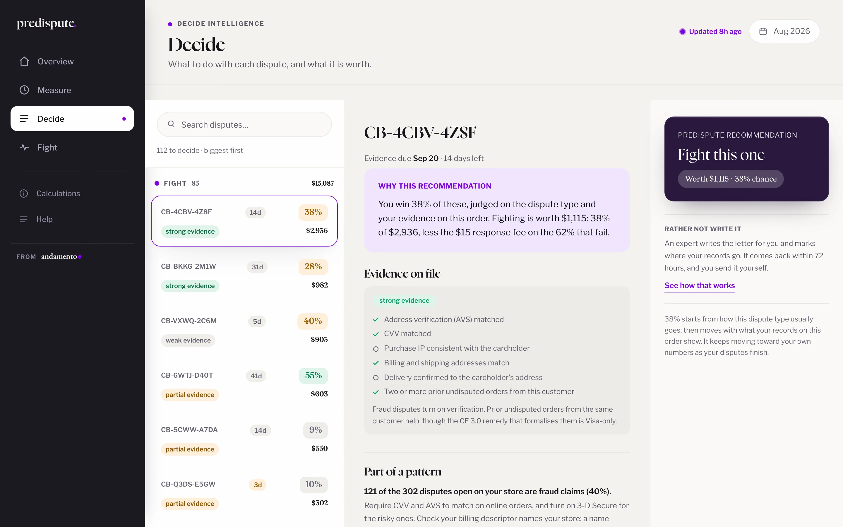 The Decide screen: a recommendation on every open dispute, with win rates and recovered money.